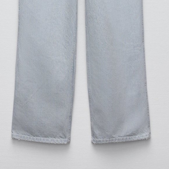 Zara Pin Striped Light Blue Denim Jumpsuit Ankle Straight Leg Overall Pant M - Picture 5 of 9